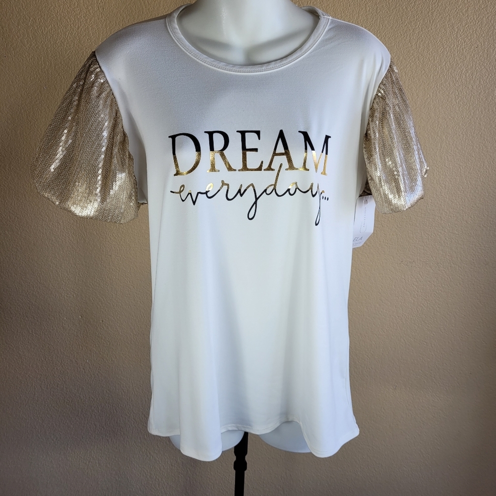 NWT ELA Women's Top Ivory with Puff Sequins Sleeves "Made in Colombia" Size L